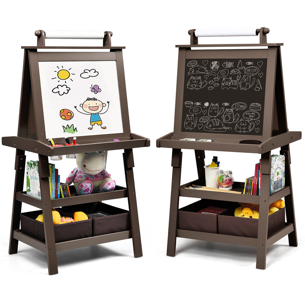 Double-sided brown art easel with magnetic whiteboard and chalkboard, featuring storage trays and bins for kids' art.