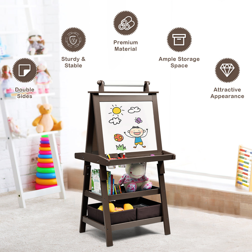 Double-sided art easel in brown with magnetic whiteboard, chalkboard, and ample storage for kids' art supplies.