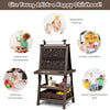 Double-sided brown art easel with storage, featuring a chalkboard and whiteboard for kids' creative activities.