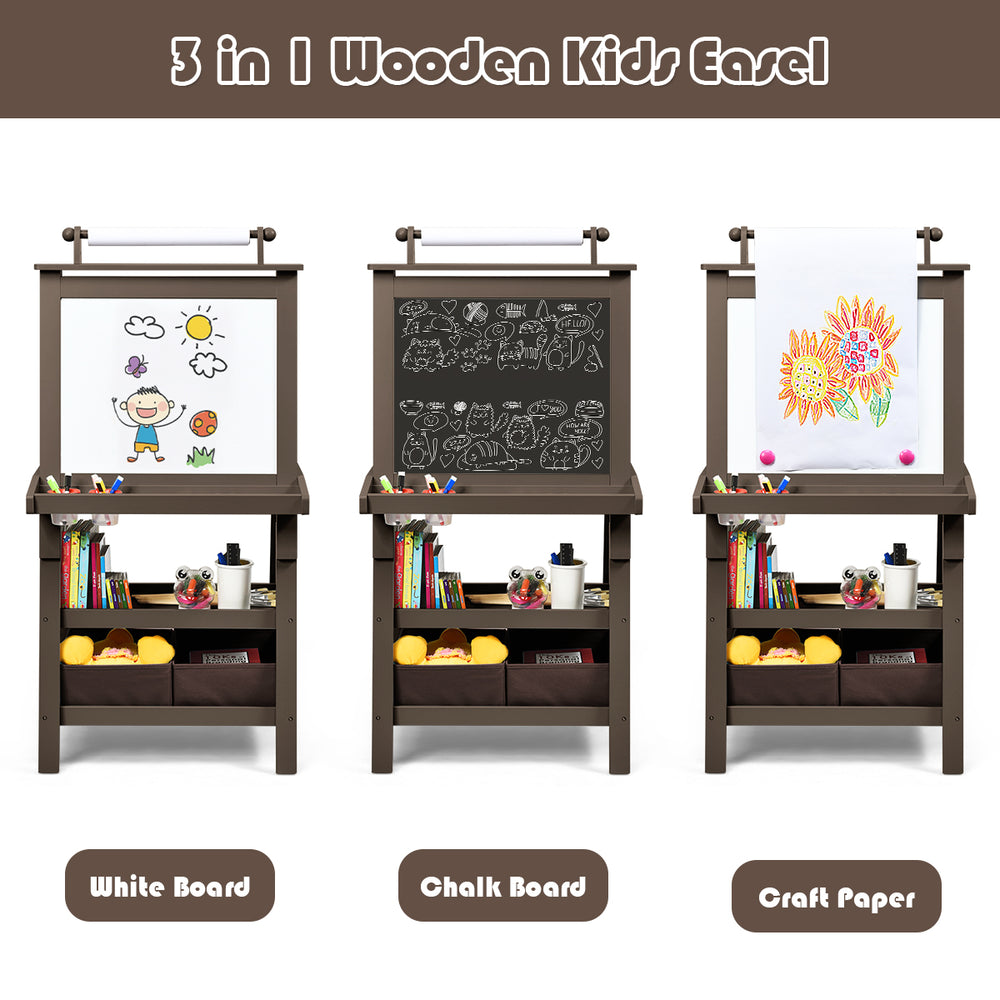 Double-sided 3 in 1 wooden kids easel in brown with whiteboard, chalkboard, and paper roll for creative art activities.