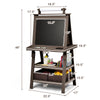 Double-sided brown art easel with chalkboard and whiteboard, featuring storage shelves and trays for kids' art supplies.