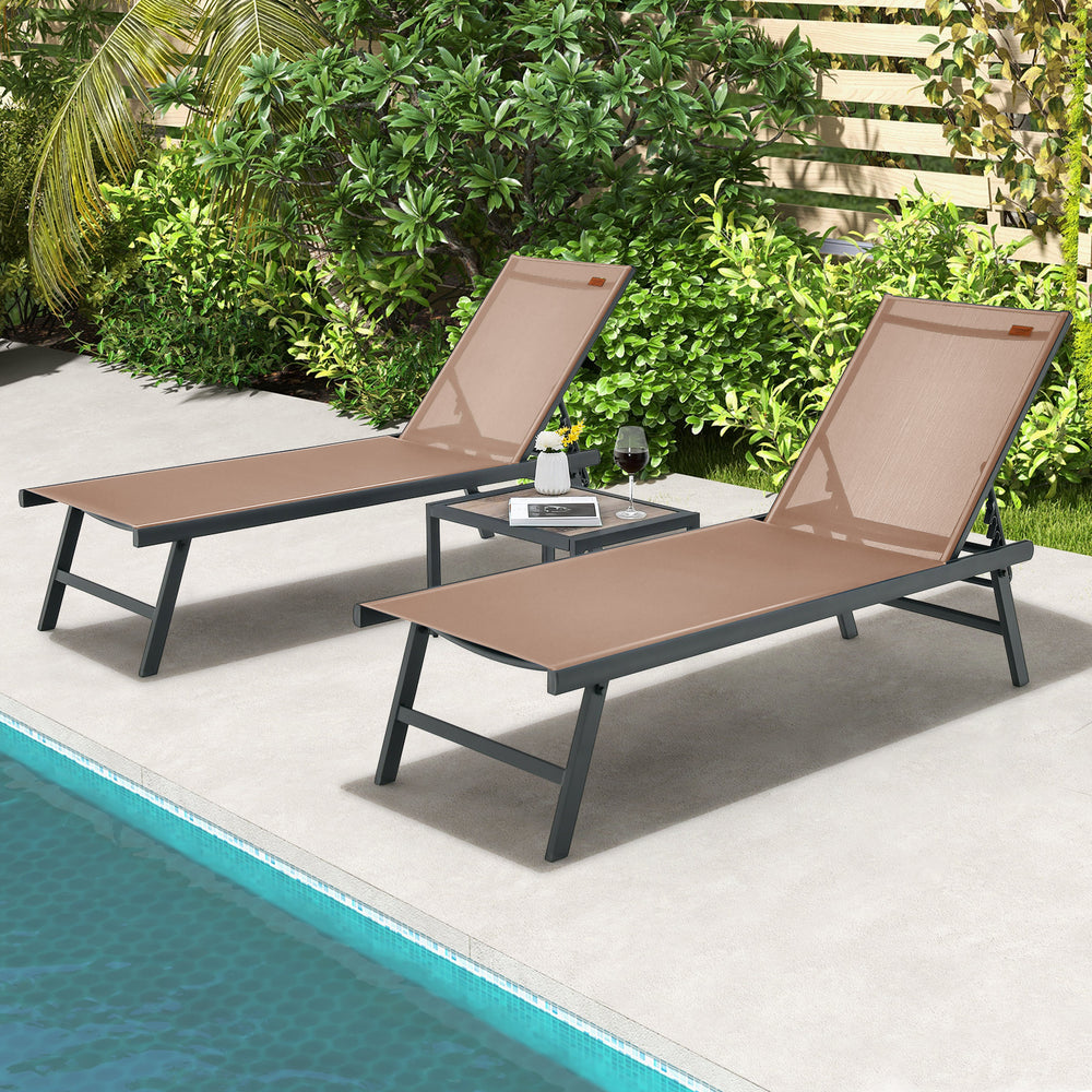 3 Pieces Patio Chaise Lounge Chair and Table Set for Poolside Yard-Brown - Gallery View 1 of 8