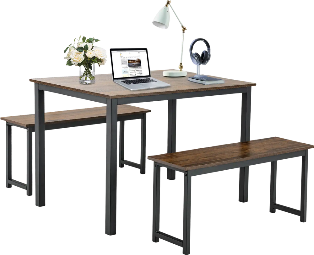 3-piece dining table set with 2 benches in brown, ideal for small spaces, featuring a reinforced metal frame for.