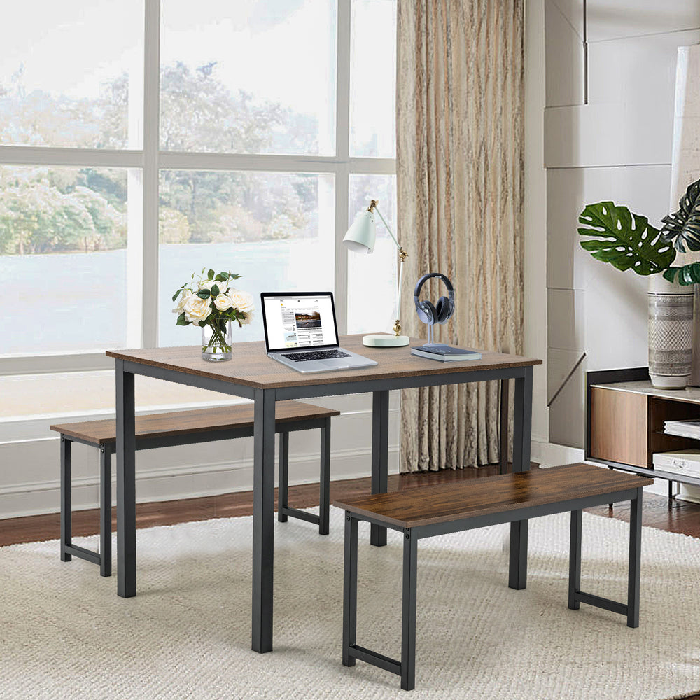 3 Pieces Dining Table Set with 2 Benches for Dining Room Kitchen Bar-Brown - Gallery View 1 of 10