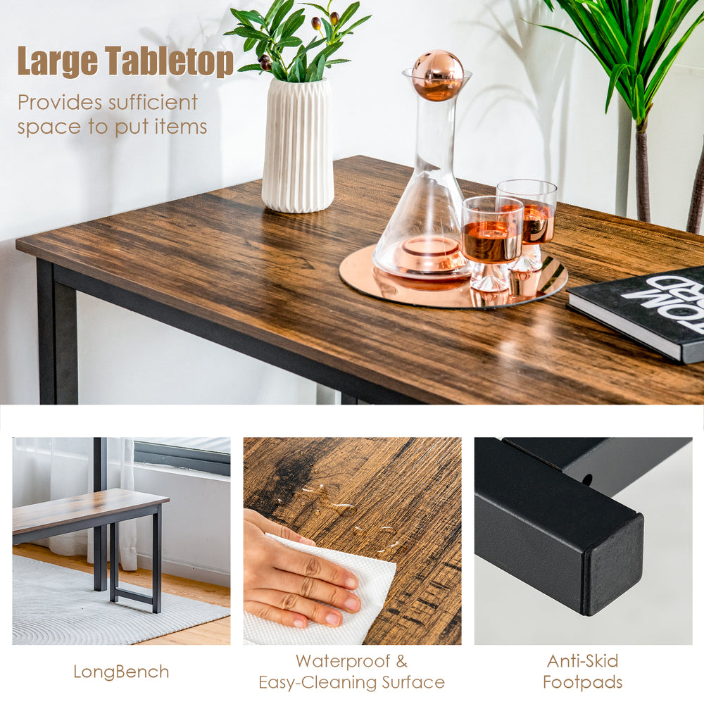 Dining table set featuring a large brown tabletop and two benches, perfect for space-saving dining in kitchens or bars.