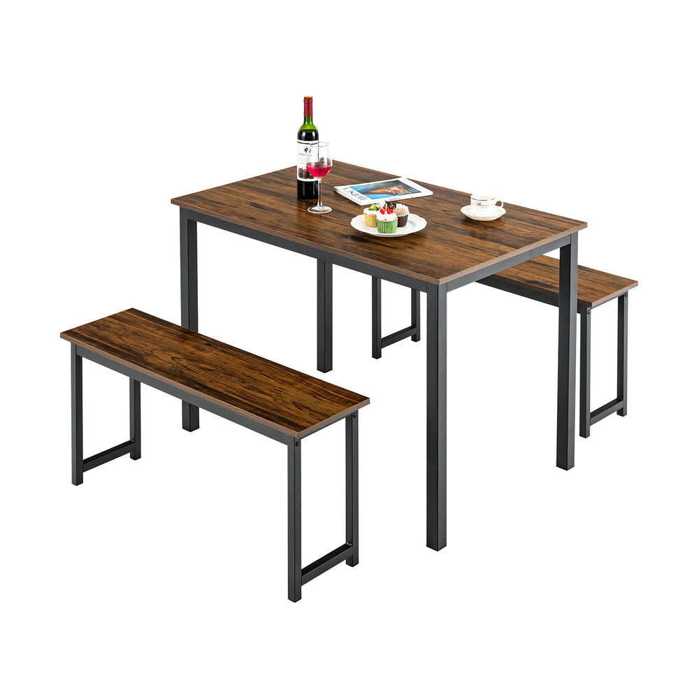3-piece dining table set with 2 benches in brown, featuring a reinforced metal frame for stability and space-saving.