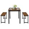 3-piece dining table set featuring a brown wood finish with two benches, perfect for small dining rooms or kitchens.