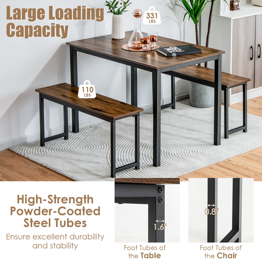 Close-up of the brown wood finish on the dining table set, showcasing the smooth surface and industrial style for any.
