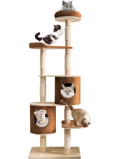 Costway 6-Tier Wooden Cat Tree w/ 2 Removable Condos Platforms Perch Brown 62913745 New