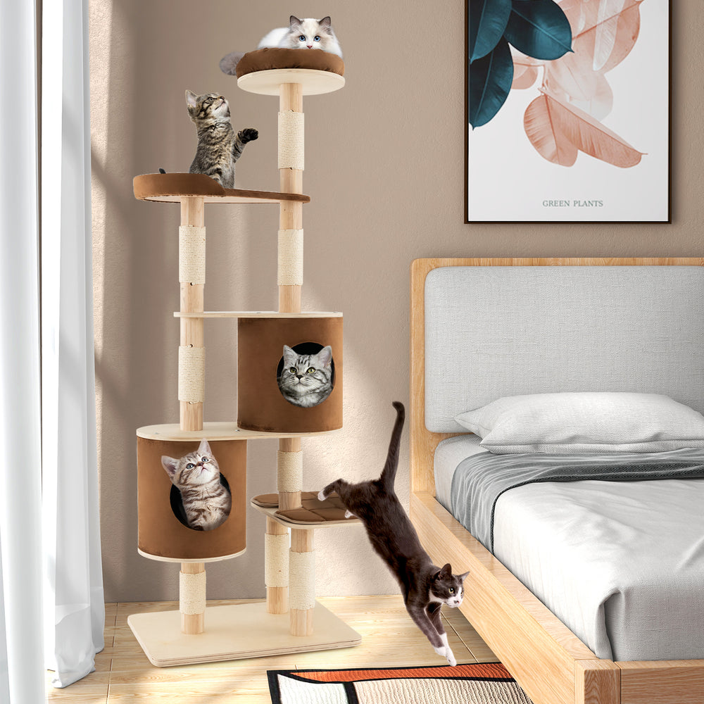 6-tier wooden cat tree with removable condos and platforms in brown, perfect for multiple cats to play and relax.