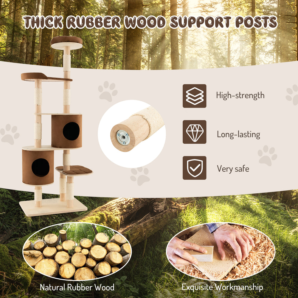 6-tier wooden cat tree in brown with removable condos, thick rubber wood posts, and comfy perch for multiple cats.