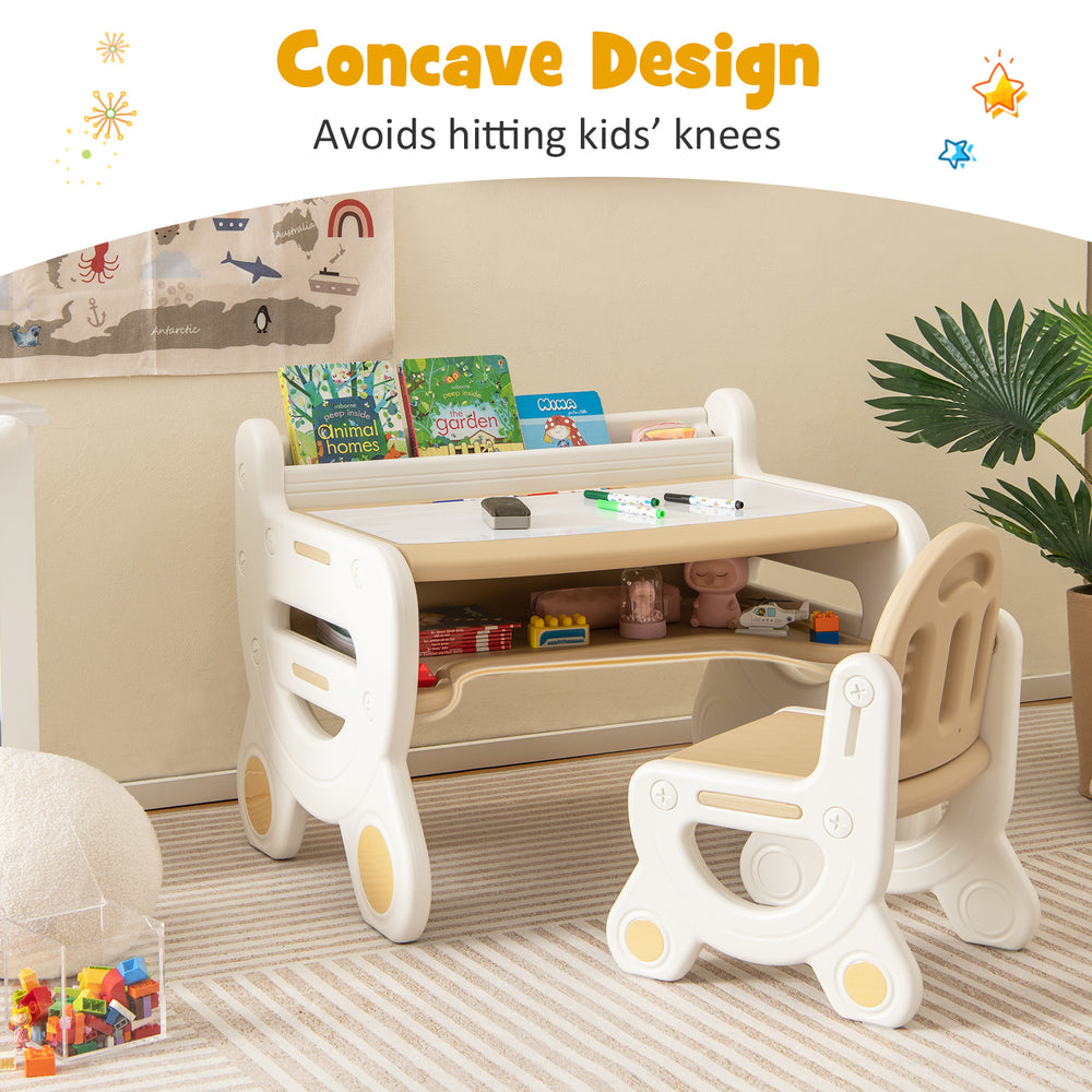 Kids drawing table and chair set in brown with spacious tabletop, ergonomic design, and ample storage for creative.