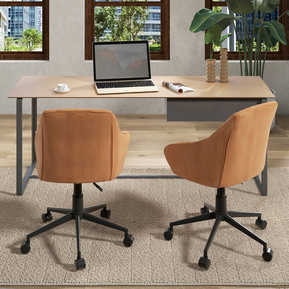 Brown modern home office chair with curved backrest and ergonomic armrests, ideal for comfortable desk use.