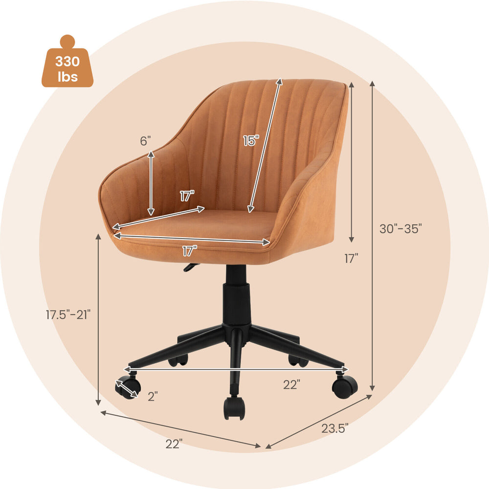 Brown modern home office chair with curved backrest, ergonomic armrests, adjustable height, and 330 lbs capacity.