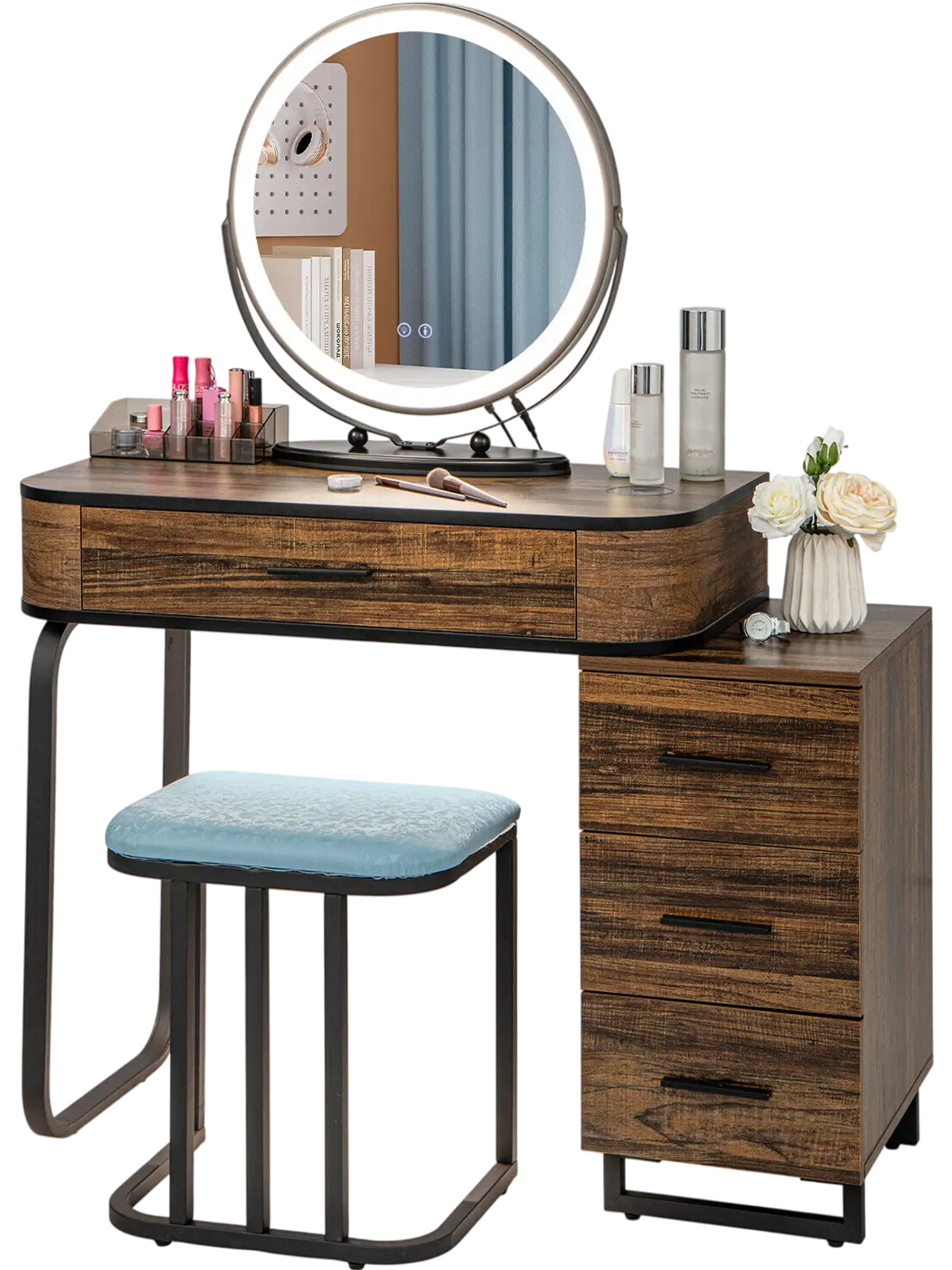 Costway Vanity Table Set 3-Color Lighted Mirror Charging Station Brown 61972583 New
