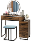 Vanity table set with lighted mirror, brown finish, and cushioned stool, featuring a 3-in-1 charging station for.