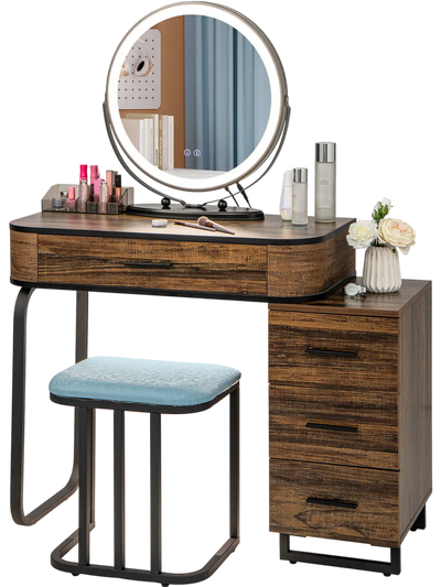 Costway Vanity Table Set 3-Color Lighted Mirror Charging Station Brown 61972583 New
