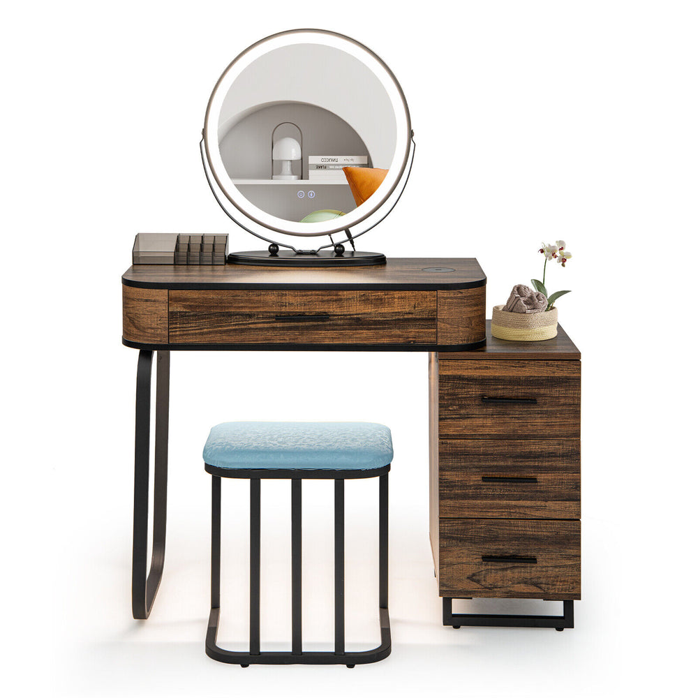 Vanity table set with lighted mirror, brown finish, includes stool and charging station for convenient makeup.