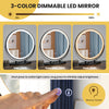 Round lighted mirror with 3 color temperatures and touch controls, part of a brown vanity table set with charging.