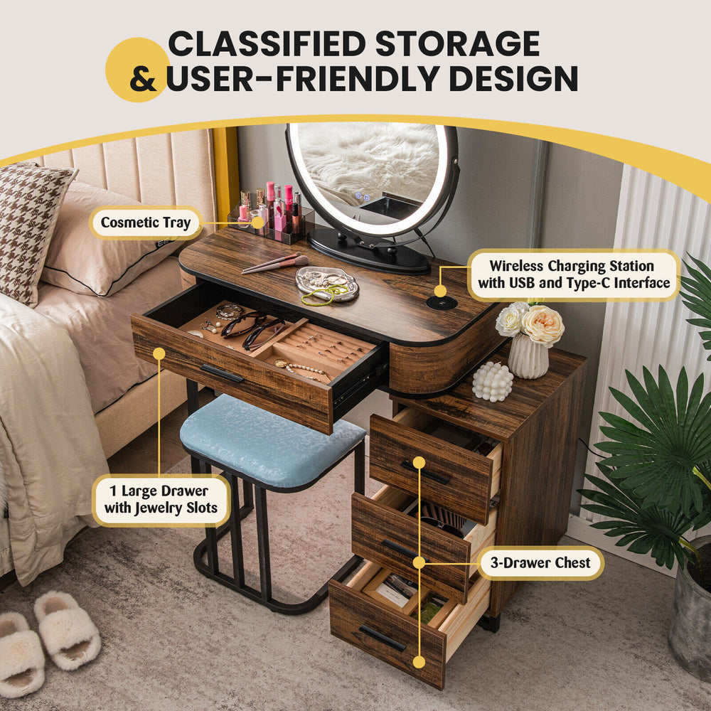 Vanity table set in brown with lighted mirror, wireless charging station, and large storage drawers for organized.