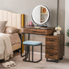Vanity table set in brown with lighted mirror, charging station, and cushioned stool for stylish bedroom organization.