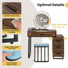 Vanity table set in brown with lighted mirror, adjustable height, and cushioned stool for stylish makeup application.