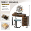 Vanity table set featuring a lighted mirror, charging station, and cushioned stool for stylish makeup organization.