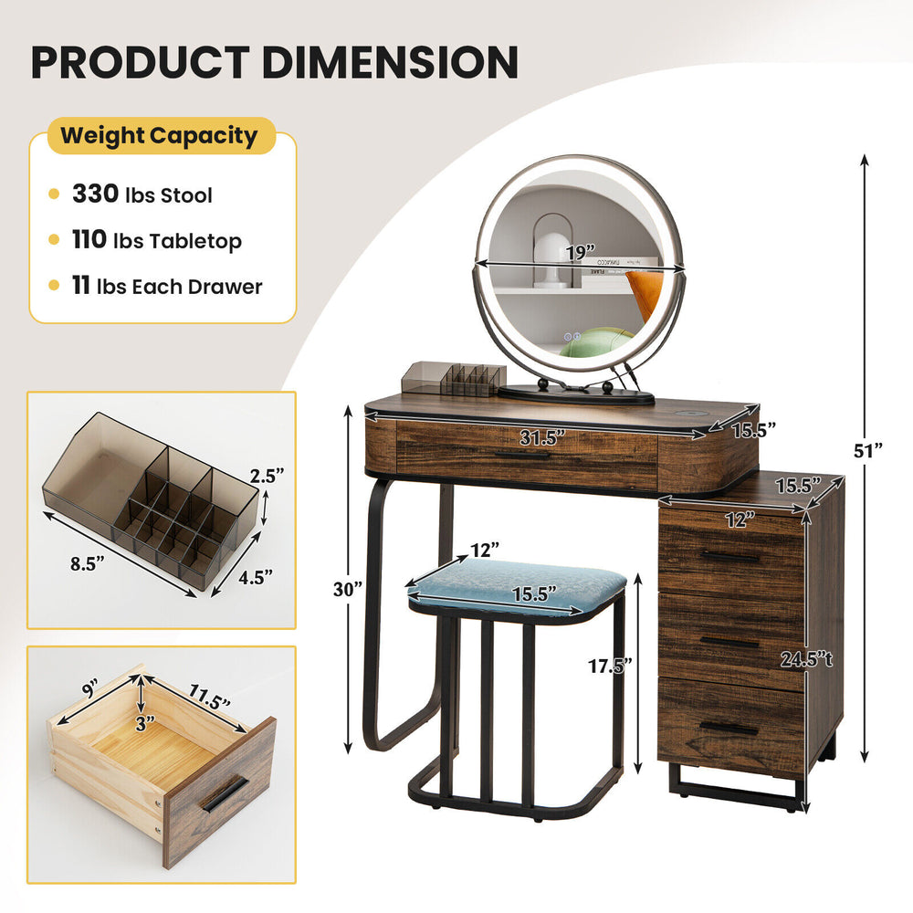 Vanity table set featuring a lighted mirror, charging station, and cushioned stool for stylish makeup organization.