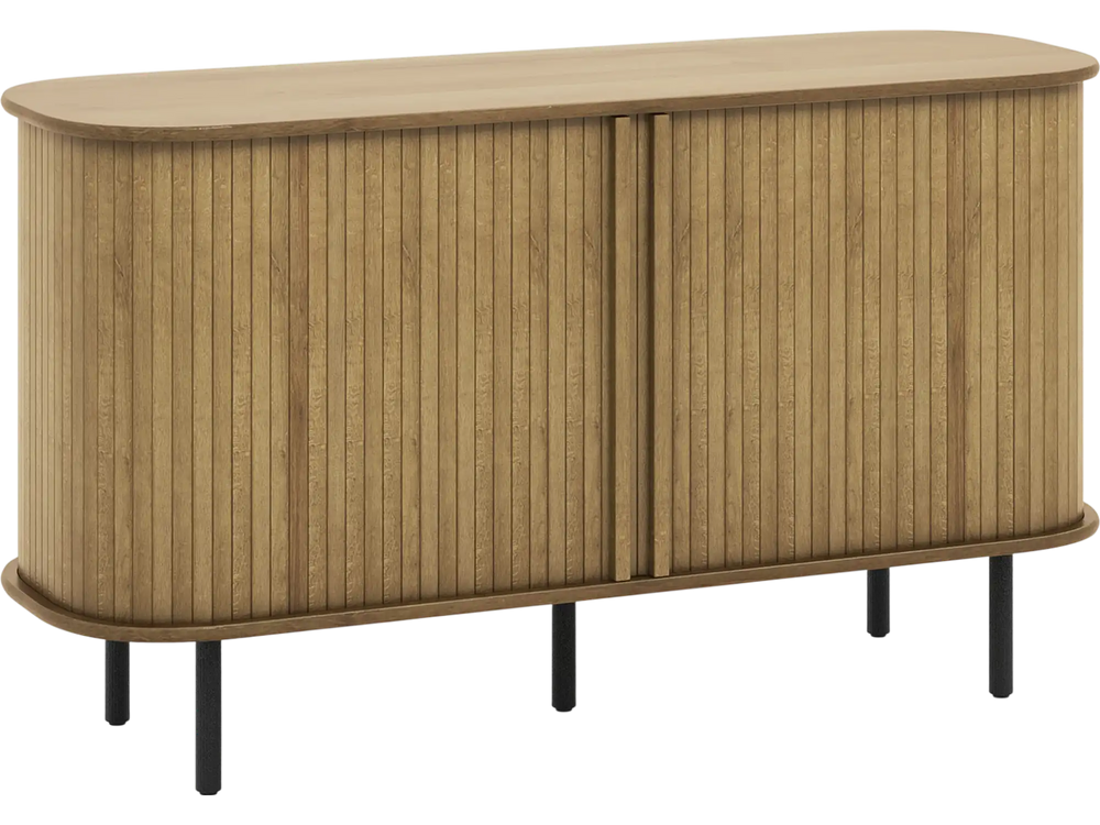 47-inch oak sideboard buffet cabinet with sliding tambour doors and adjustable shelves for kitchen or living room use.