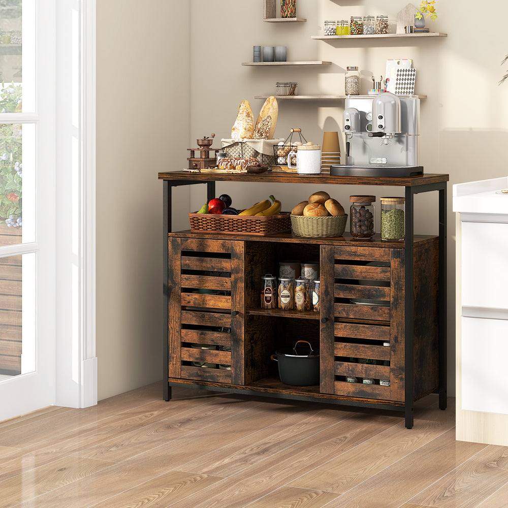 Rustic brown buffet cabinet with slatted doors, adjustable shelves, and ample storage for kitchen appliances and.