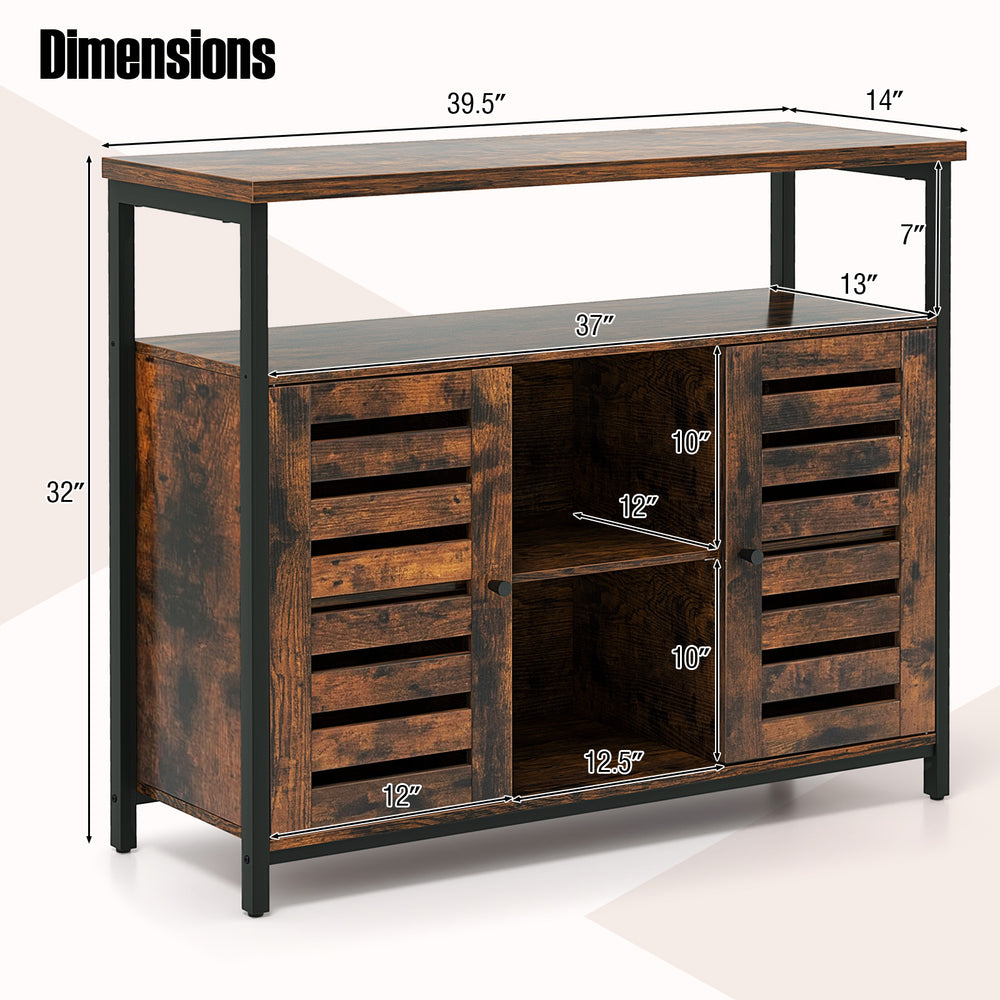 Buffet cabinet with slatted doors, rustic brown finish, featuring 3 adjustable shelves for versatile storage solutions.