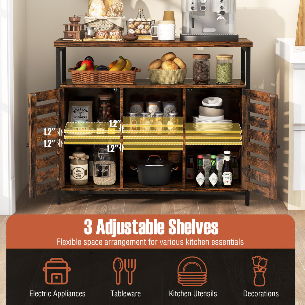 Buffet cabinet with slatted doors and 3 adjustable shelves in rustic brown, ideal for kitchen storage and organization.