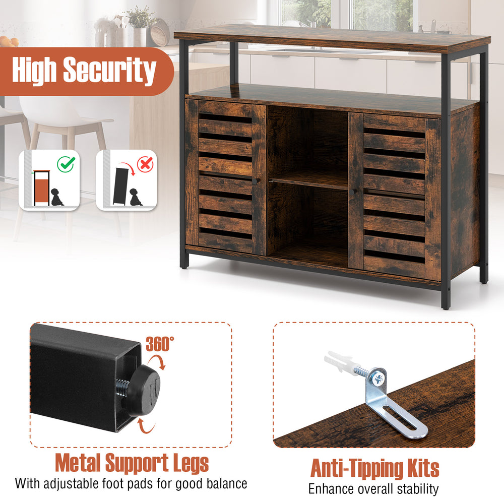 Buffet cabinet with slatted door, rustic brown finish, featuring adjustable shelves and anti-tipping kits for safety.