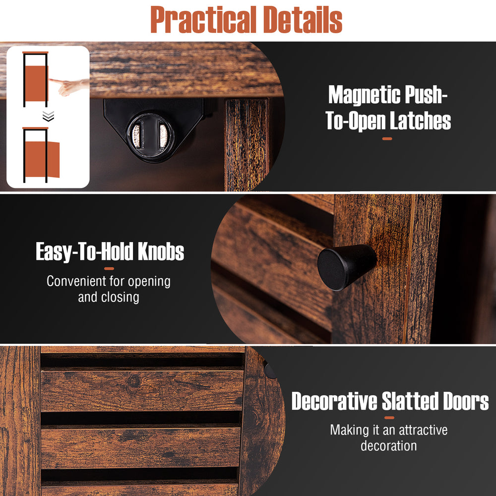 Buffet cabinet featuring slatted doors, magnetic push-to-open latches, and adjustable shelves in rustic brown finish.