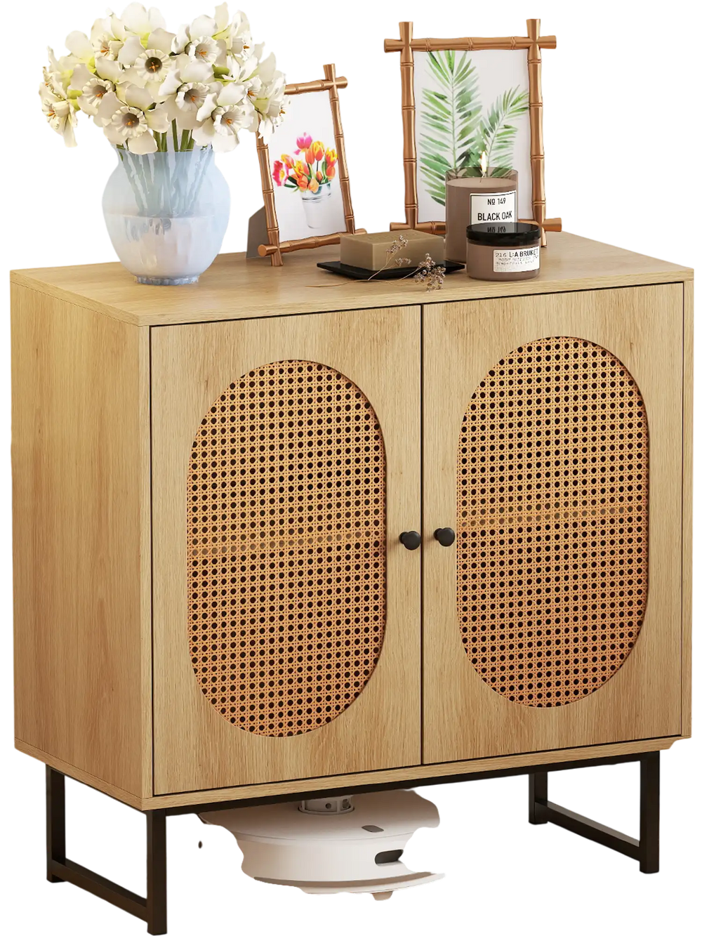 Buffet cabinet with rattan doors, natural finish, featuring a 2-tier storage and adjustable shelf for versatile use.