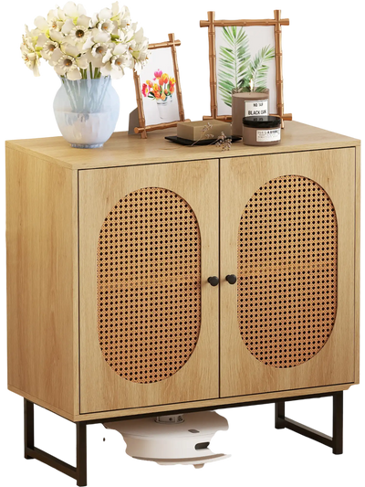 Costway Rattan Buffet Storage Cabinet 2-Door Adjustable Shelf Natural 718965423 New