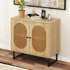 Buffet cabinet in natural finish with rattan doors, featuring a spacious top and stylish design for versatile storage.