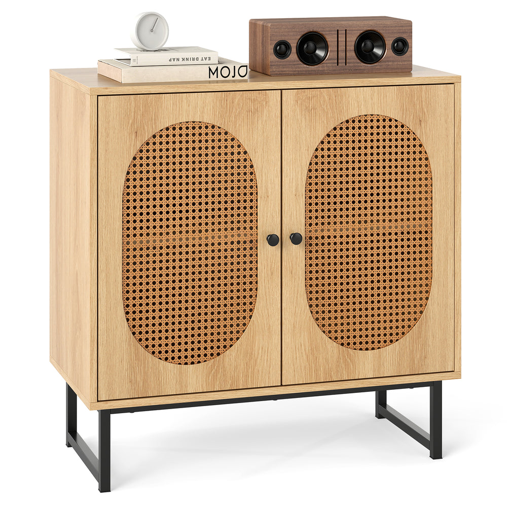 Buffet cabinet with rattan doors, natural finish, and adjustable shelf for versatile storage in a stylish design.