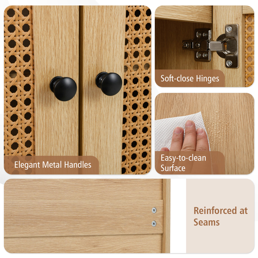 Buffet cabinet with rattan doors, elegant metal handles, and soft-close hinges for stylish and functional storage.
