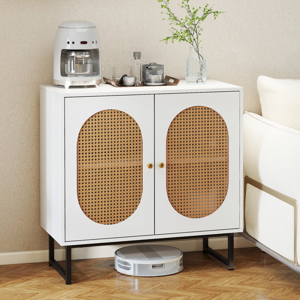 Buffet Cabinet Rattan Storage Cabinet with 2 Doors and Adjustable Shelf-White - Gallery View 1 of 9