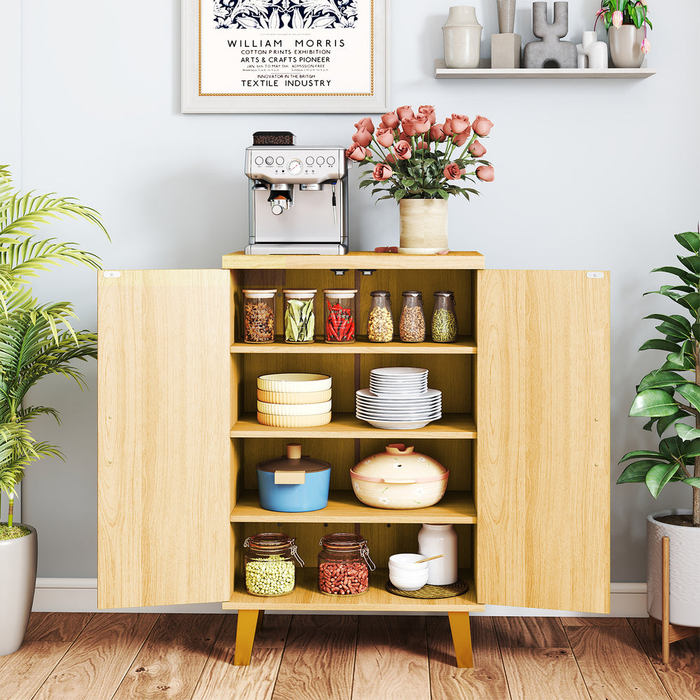 Buffet cabinet with double doors and raised legs, featuring removable shelves for versatile storage in natural finish.