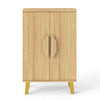 Buffet cabinet with natural finish and convenient handles, designed for easy door access in dining or living spaces.
