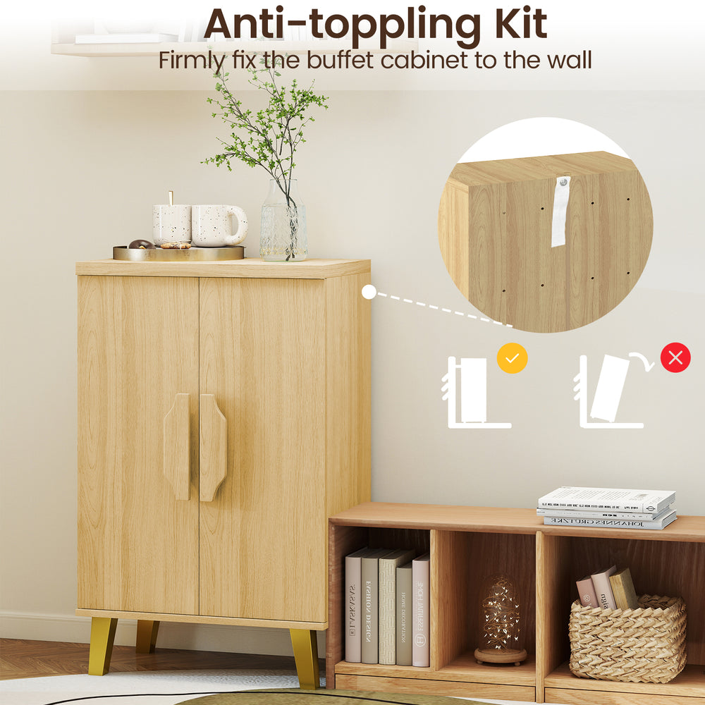 Buffet cabinet with double doors and raised legs, featuring anti-toppling kit for stability, ideal for dining rooms and.