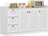 Modern white buffet cabinet with 3 doors and 3 drawers, featuring shutter doors for stylish kitchen storage.