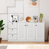 Buffet cabinet with 3 drawers and 3 shutter doors in white, perfect for modern kitchen or dining room storage.