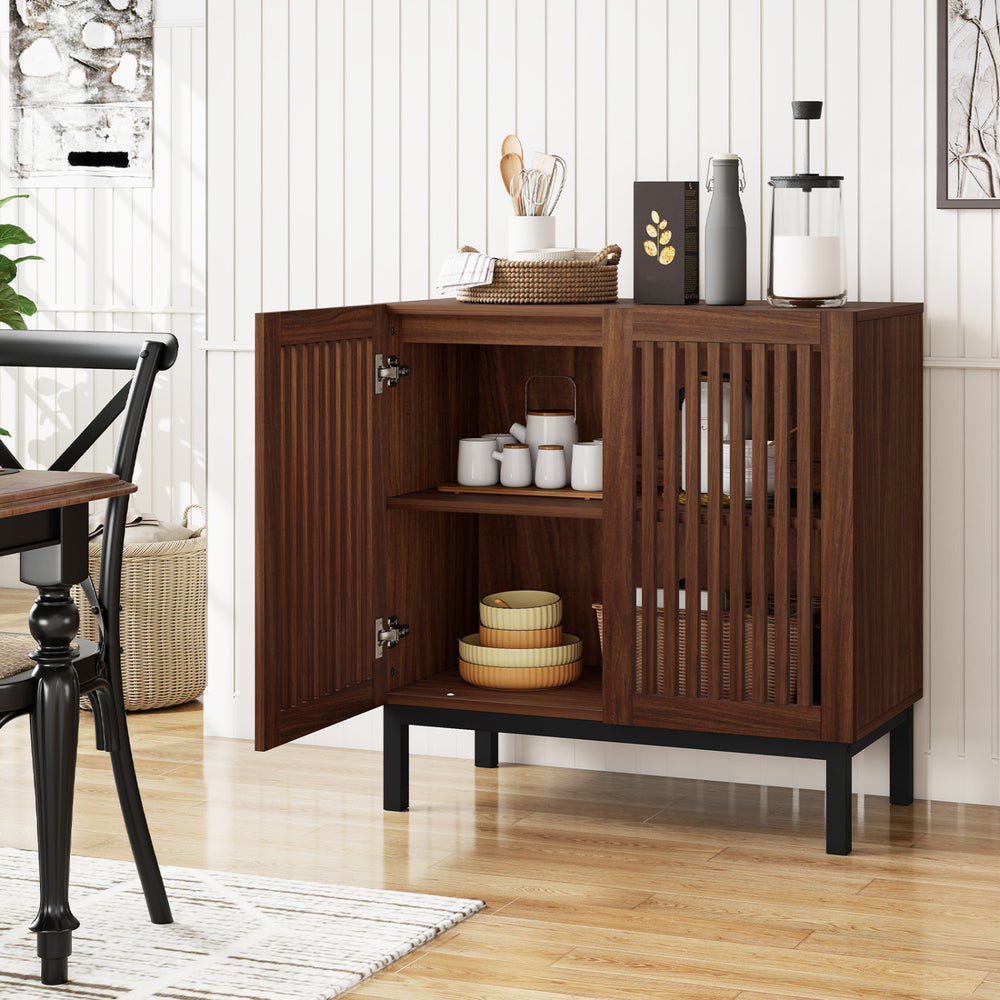 Walnut buffet cabinet with grille-striped doors, double-layer storage, and adjustable shelves for kitchenware.