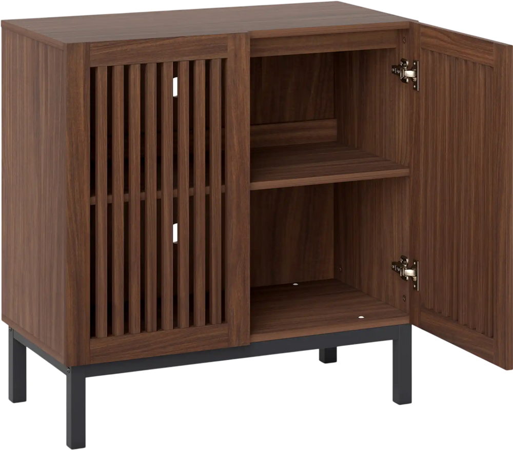 Walnut buffet cabinet with grille-striped doors, double-layer storage, and adjustable shelf for kitchenware.