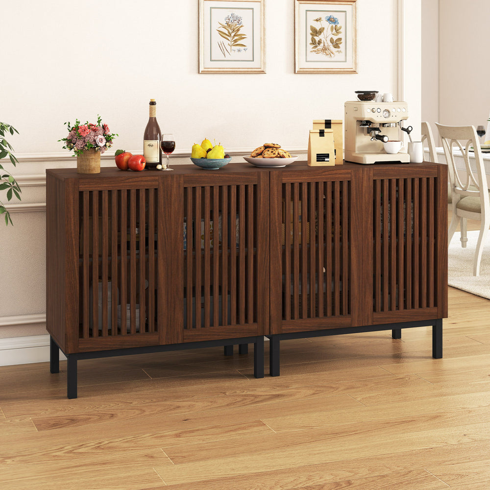 Walnut sideboard buffet cabinet with four sturdy legs, showcasing a rustic farmhouse style and spacious top surface for.