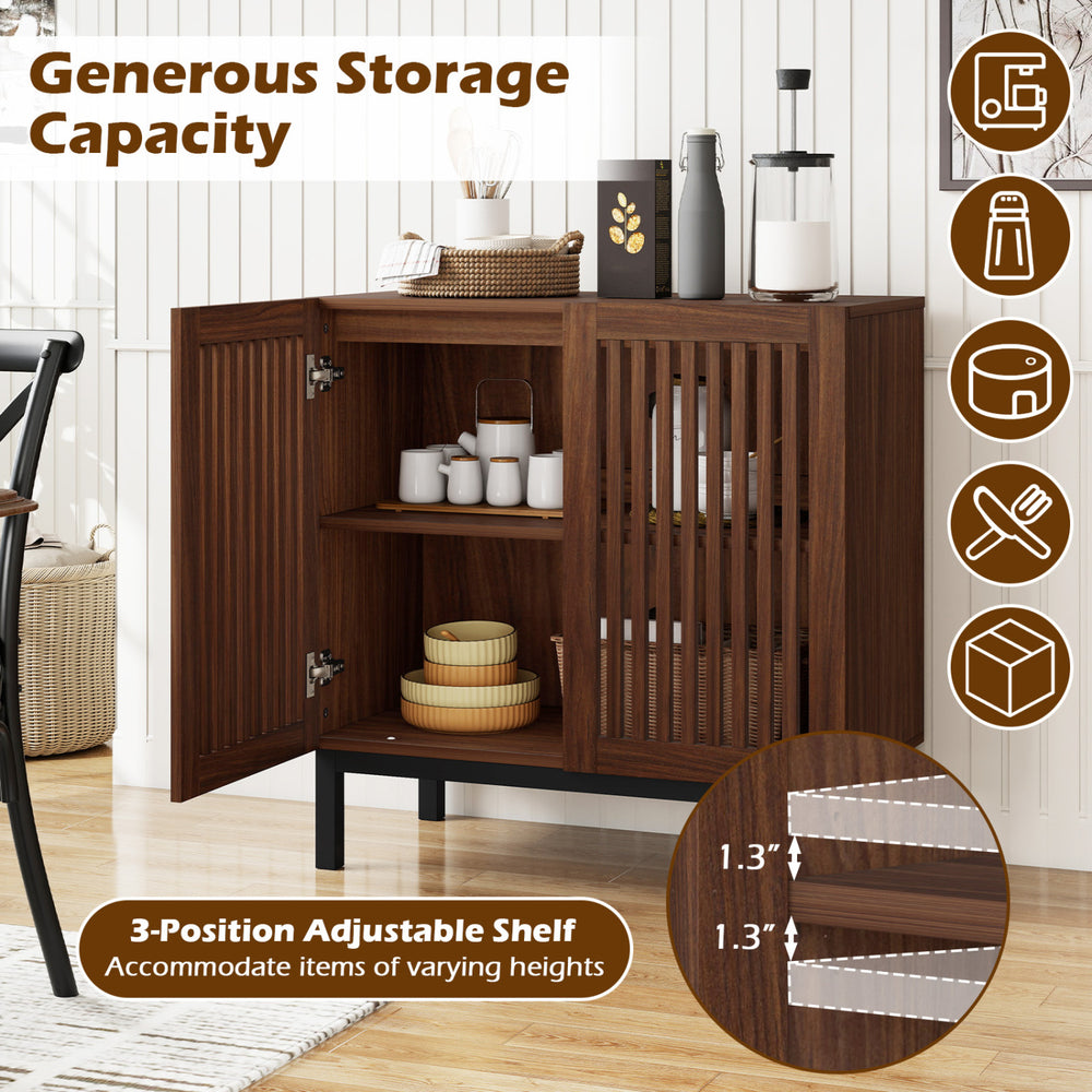 Walnut buffet cabinet with grille-striped doors, adjustable shelves, and double-layer storage for kitchenware.
