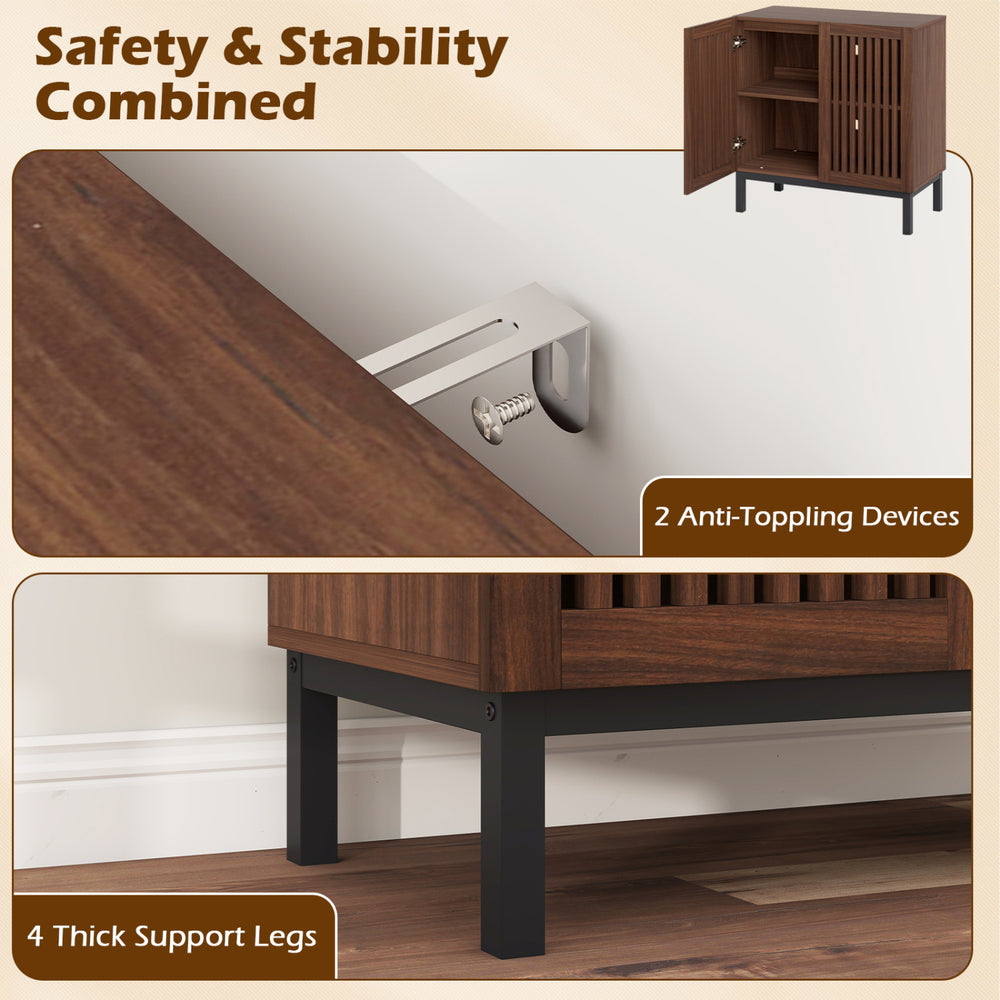 Buffet cabinet with anti-toppling devices, thick support legs, and grille-striped doors for elegant farmhouse style.